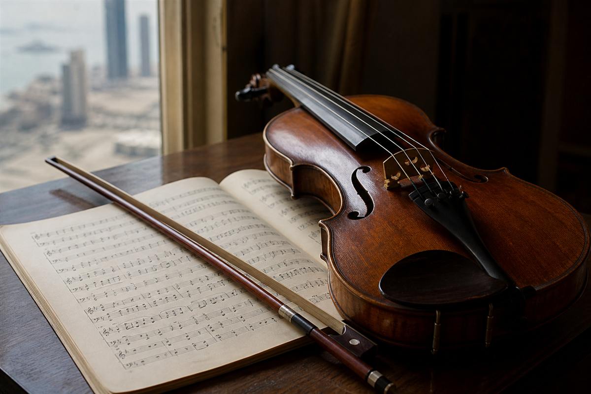 Violin and bow resting on music on a wooden table