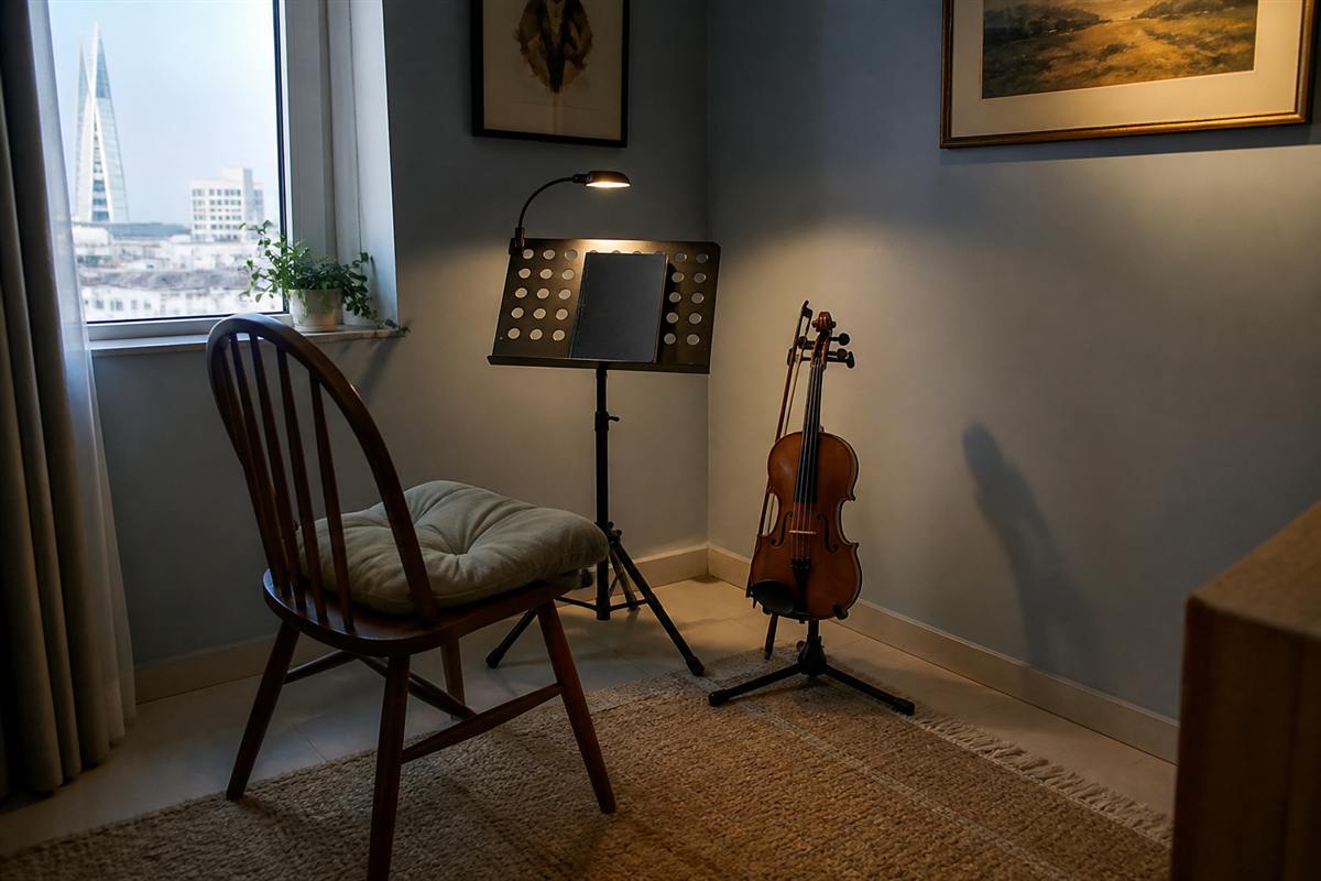 Quiet violin practice corner in the evening