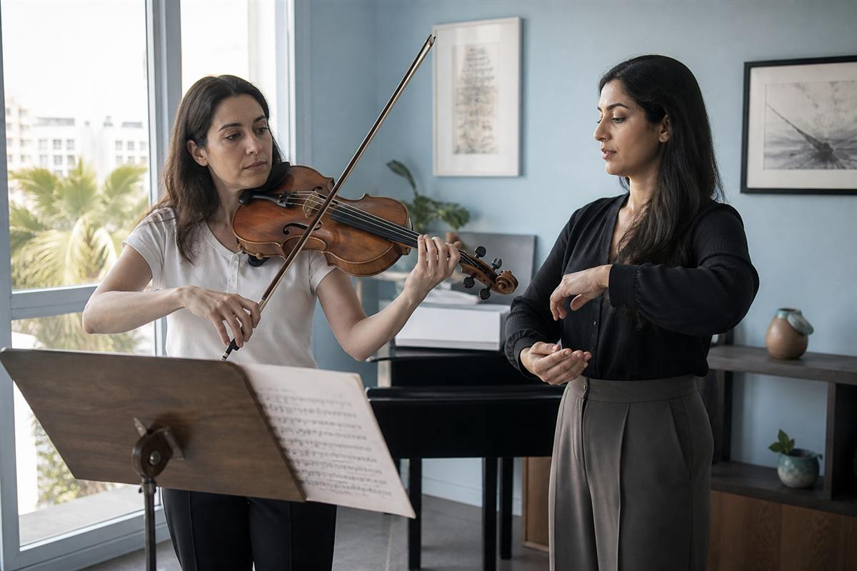 Teacher and adult student during a violin lesson