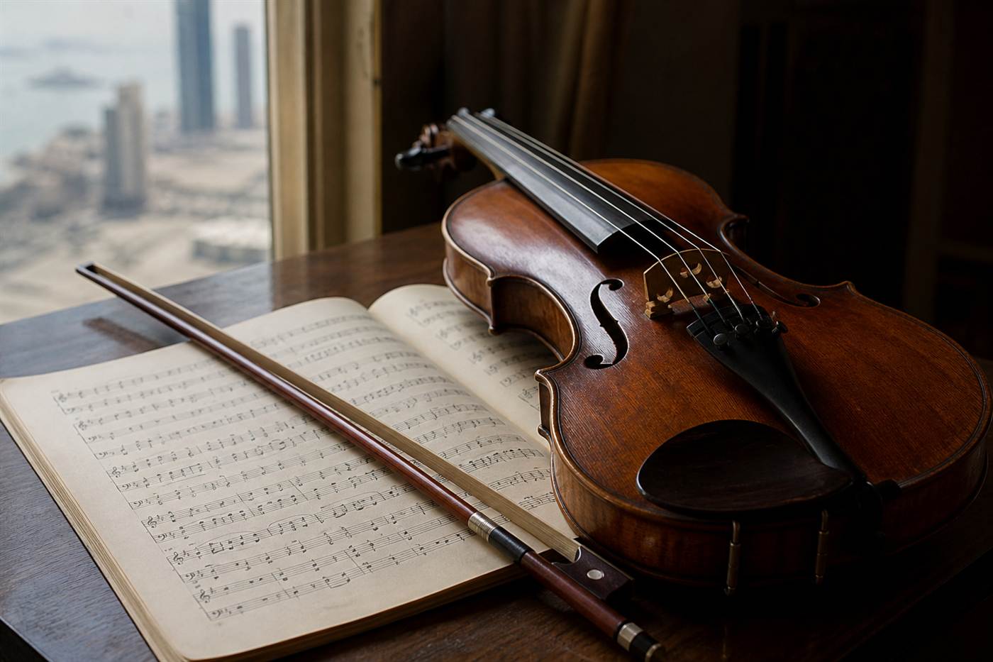 Close-up of varnished violin strings